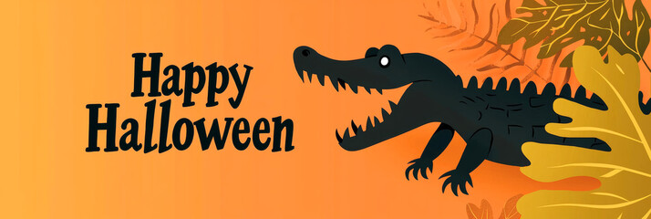 Happy Halloween Banner with Cartoon Crocodile and Autumn Leaves on Orange Background