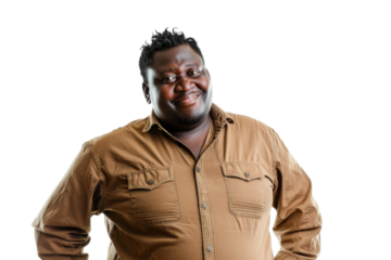 Portrait of a big african black man with a smiling face, his funny and cheerful nature shining through, isolated on a transparent png background