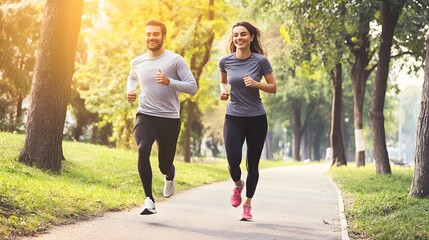 A young couple jogging together in a park on a sunny day.