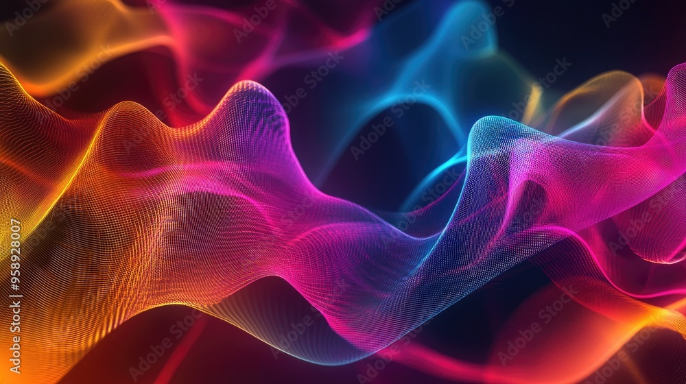 Poster colorful abstract waves with resonance effects, creating a visually engaging background with flowing