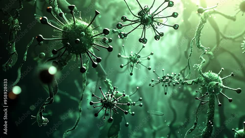 Poster exploring the intricate world of microorganisms in a vibrant underwater environment at twilight