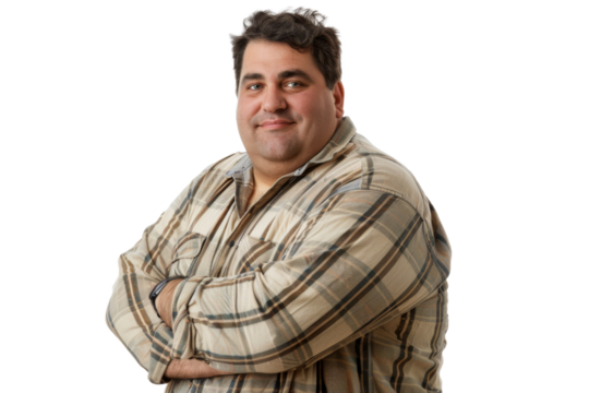 Cheerful portrait of a kindly and funny fat man, posing with a big smile on his face, isolated on a transparent png background
