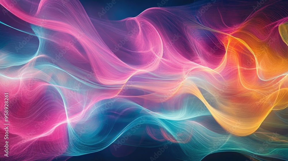 Poster colorful abstract waves with resonance effects, creating a visually engaging background with flowing