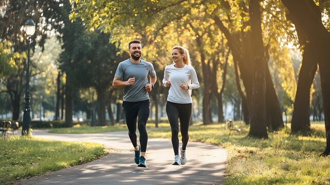 A man and woman are jogging together on a path through a park. - Powered by Adobe