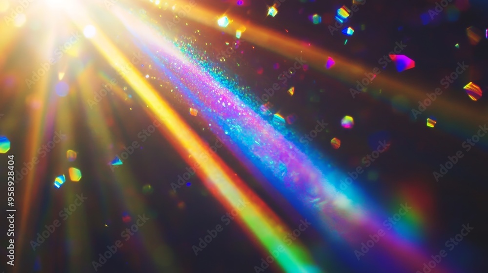 Poster a vibrant display of light rays and colorful particles creating a mesmerizing visual effect.