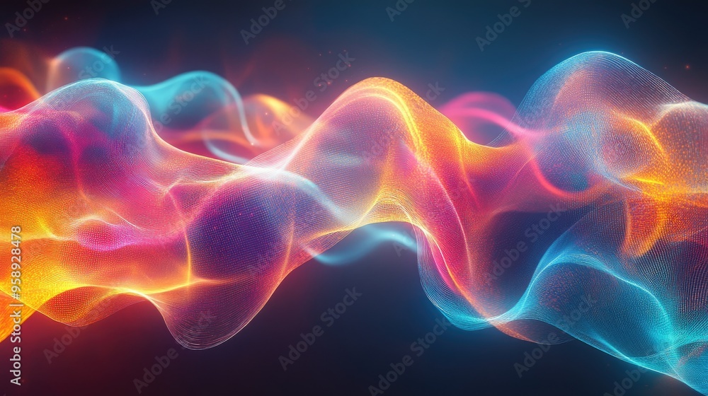Poster colorful abstract waves with resonance effects, creating a visually engaging background with flowing