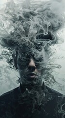 A man's face obscured by swirling smoke, creating a mysterious and ethereal atmosphere.