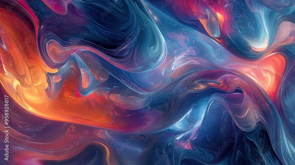 Poster colorful fluid forms in a 3d abstract design, with swirling, dynamic patterns creating a sense of en