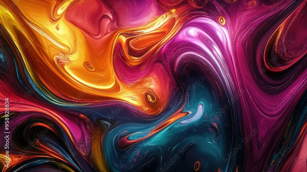 Poster colorful fluid forms in a 3d abstract design, with swirling, dynamic patterns creating a sense of en