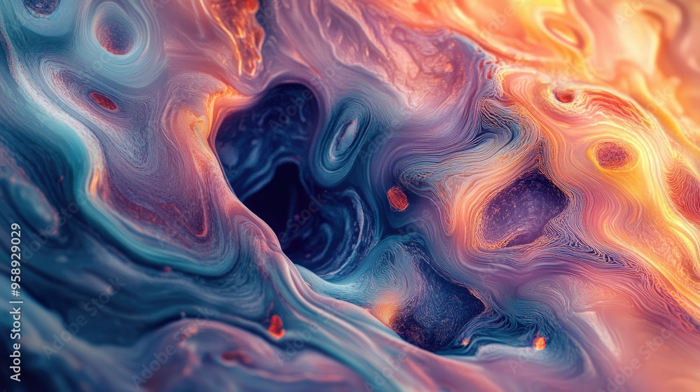 Poster colorful fluid forms in a 3d abstract design, with swirling, dynamic patterns creating a sense of en