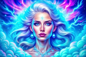 Obraz premium Fantasy portrait of a mystical woman with icy features and electric blue aura against a vibrant background 