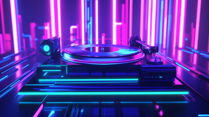 Futuristic Record Player with Neon Lights and Holographic Display in Cyberpunk Style