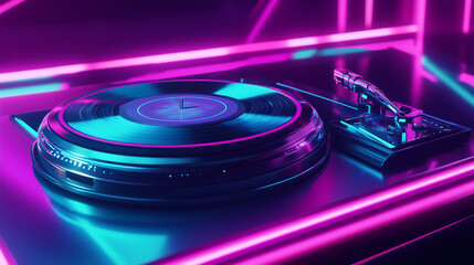 Futuristic Record Player with Neon Lights and Holographic Display in Cyberpunk Style