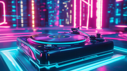 Futuristic Record Player with Neon Lights and Holographic Display in Cyberpunk Style