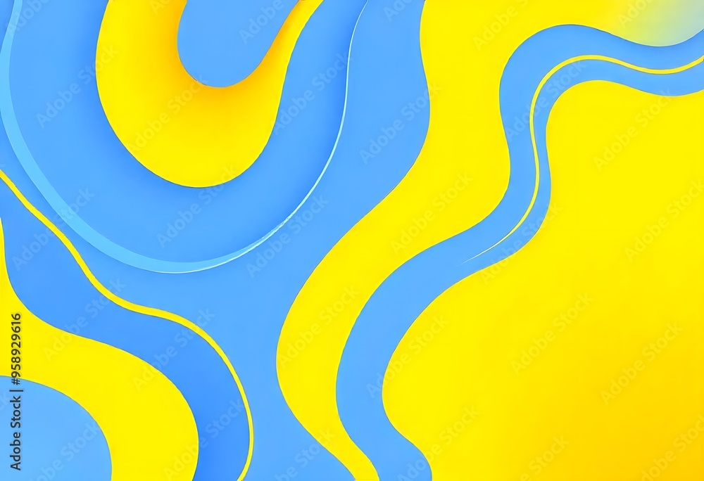 Wall mural Abstract blue and yellow wavy shapes on a bright background