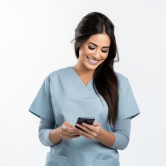 Young female nurse smiling using smartphone