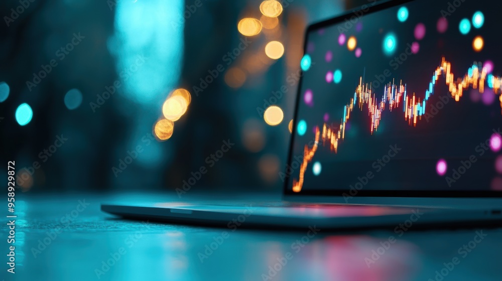 Poster a close up of a laptop screen displaying a technical analysis tool, showing various indicators and s