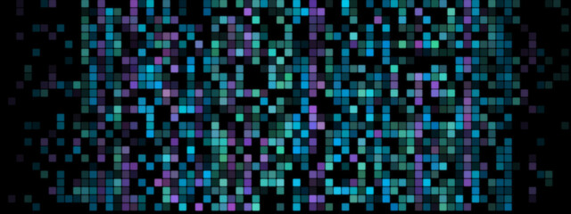 Abstract Pixel Background: Purple and Blue Pixels on Black Screen