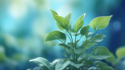 Obraz premium Digital Illustration of Growing Plant with Fresh Green Leaves | Vibrant Detail Against Blurry Blue Nature Background