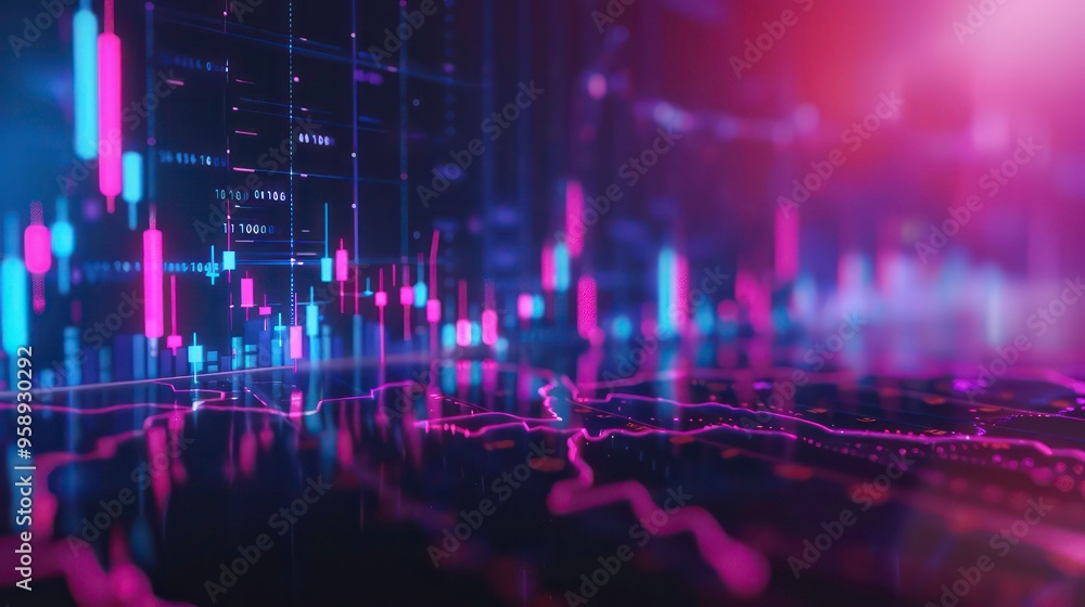 Poster abstract futuristic glowing background with neon digital data lines, bars, and graphs for technology