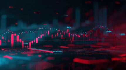 Abstract background of glowing red, blue and orange lights, numbers and lines on black background.