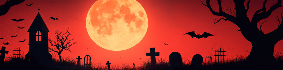 Naklejka premium Spooky Halloween Night with Full Moon, Bats, and Haunted Graveyard Silhouette
