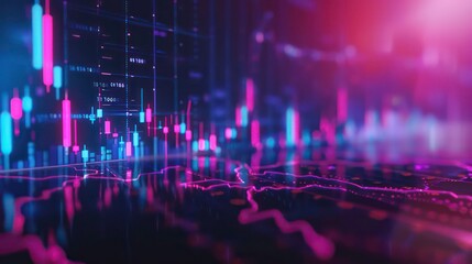 Abstract futuristic glowing background with neon digital data lines, bars, and graphs for technology and business concepts.