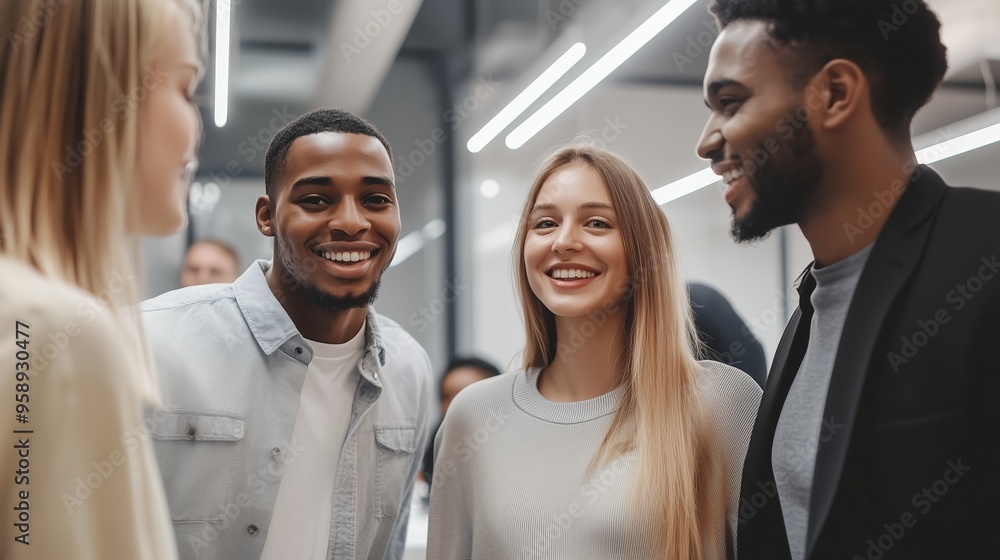 Aufkleber group of young adults enjoying a lively conversation in a modern office environment during a network