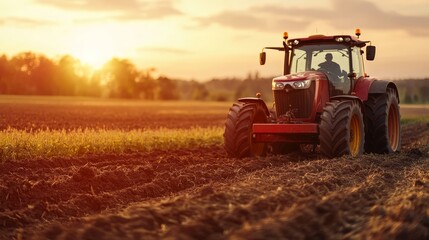 Fototapeta premium A red tractor plowing a field during sunset, showcasing agricultural activity and rural landscape.