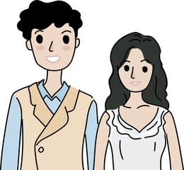 Cartoon bride and groom illustration on transparent background.
