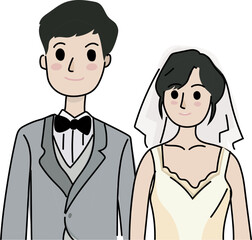 Cartoon bride and groom illustration on transparent background.
