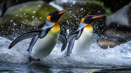 A pair of penguins engaging in a synchronized swimming display, demonstrating bonding and partnership in courtship behavior