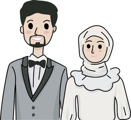 Cartoon bride and groom illustration on transparent background.
