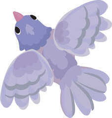 Cartoon flying purple bird illustration on transparent background.
