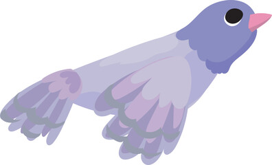 Cartoon flying purple bird illustration on transparent background.
