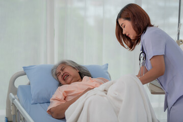 Fototapeta premium Asian nurse helping a senior Asian female patient with stomach ache on a bed in hospital