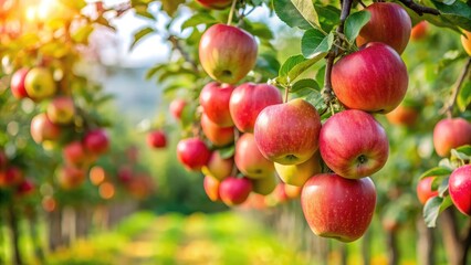 Obraz premium Hyper-realistic photograph of ripe apples hanging from branches in an apple orchard, with a blurred, leafy, and twiggy background creating a serene vineyard ambiance