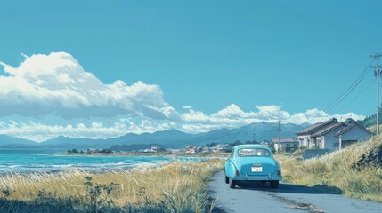 Obraz premium A still moment with an old blue car on an ocean road, mountains and houses in the distance, clear skies.