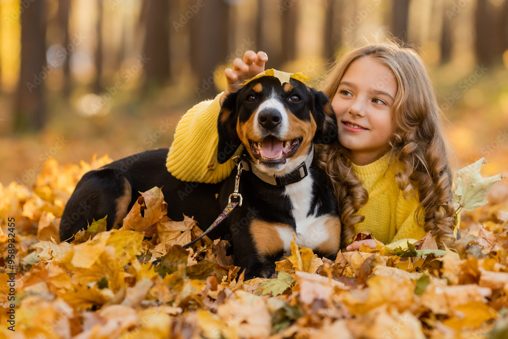 Wall mural little teenage girl walks with her dog in the autumn in the forest