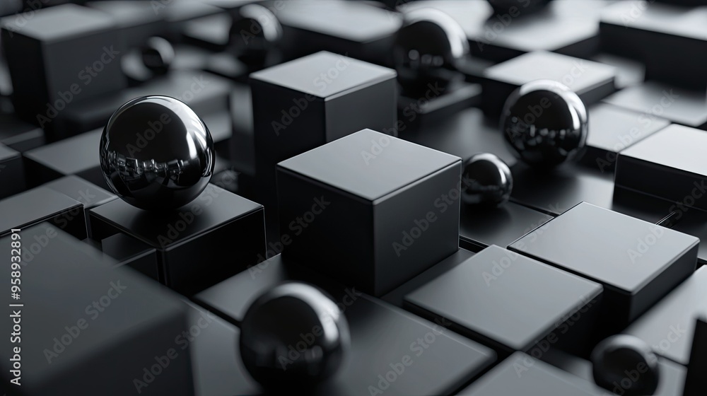 Poster dynamic 3d abstract background with interlocking cubes and spheres in a monochromatic palette. great