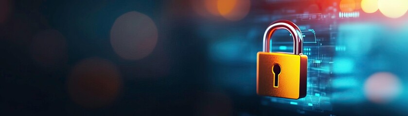 A close-up of a gold padlock symbolizing security and protection in a digital environment with blurred lights.