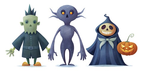 Collection Of Spooky Characters Isolated On white background, Spooky Character Set 