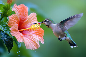 Naklejka premium Delicate nectar-feeding sugar bird hovering beside a peachy pink hibiscus flower drinking. Mottled green lush nature background with copy space.