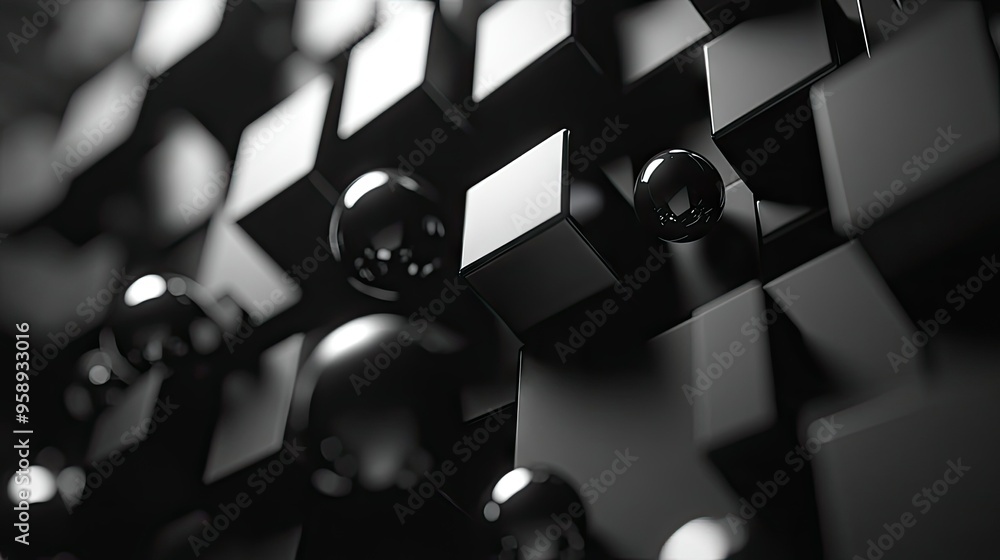Poster dynamic 3d abstract background with interlocking cubes and spheres in a monochromatic palette. great