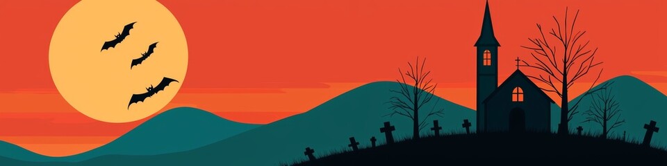Spooky Halloween Night with Full Moon, Bats, and Haunted Church on Hilltop Cemetery Silhouette