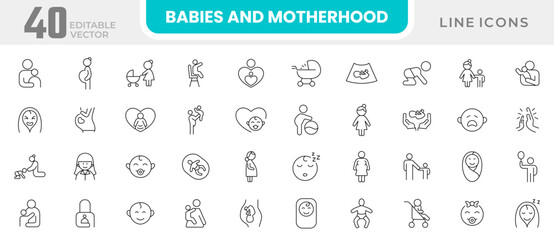 Babies and motherhood line icon collection. Pregnancy, pregnant, mom, mother, prenatal care, kid, children, parenthood, baby, children, family, child care, gynecology icon set. UI outline icon pack