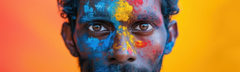 Brightly colored man with blue eyes and a beard, holi holiday , banner, copy space