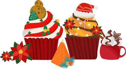 Cartoon christmas cupcake doodle illustration on transparent background.
