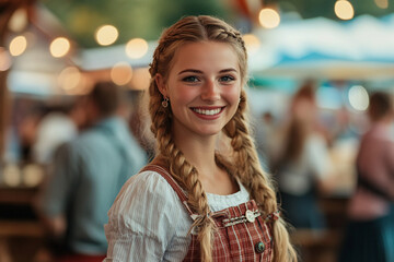 Obraz premium Cheerful Woman in Traditional German Attire Holding Beer Steins at Oktoberfest Festival, Smiling Waitress in Bavarian Costume Celebrating German Culture in Festive Event Setting 