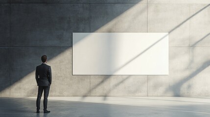 Fototapeta premium Businessman in suit back view looking at blank white banner with place for your logo or text on light grey wall in sunlit spacious hall with concrete design, mock up